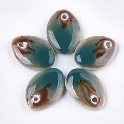 Handmade Porcelain Pendants, Fancy Antique Glazed Porcelain, Eye, Cadet Blue, 25x18x5mm, Hole: 1.8mm(PORC-S498-51I)