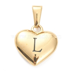 304 Stainless Steel Pendants, Heart with Black Letter, Golden, Letter.L, 16x16x4.5mm, Hole: 7x3mm(STAS-P278-01L-G)