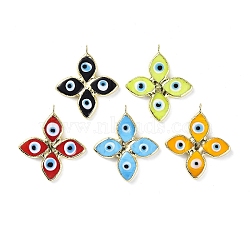 Handmade Lampwork Big Pendants, with Eco-friendly Ligh Gold Brass Findings, Long-Lasting Plated, Cadmium Free & Lead Free, 4-Petal Flower with Evil Eye Charm, Mixed Color, 53x46x4mm, Hole: 4.5mm(LAMP-C009-03LG)