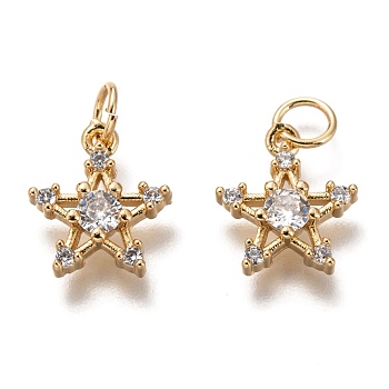 Brass Micro Pave Clear Cubic Zirconia Charms, Cadmium Free & Lead Free, Long-Lasting Plated, Star, Golden, 12.5x11x3mm, Hole: 3mm