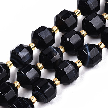 Natural Agate Beads Strands, Faceted, with Seed Beads, Dyed, Round, Black, 10.5x9.5mm, Hole: 1.2mm, about 31~32pcs/strand, 14.96 inch(38cm)