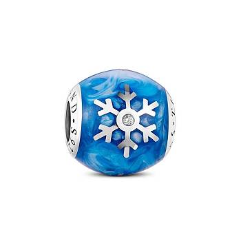 TINYSAND Barrel 925 Sterling Silver Sea Blue Snowflake Charm European Beads, Christmas, Large Hole Beads, Platinum, 12.92x12.83x12.93mm, Hole: 4.53mm