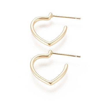 Brass Stud Earrings, Long-Lasting Plated, Heart, Real 18K Gold Plated, 15.5x15x2mm, Pin: 0.7mm