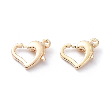 Rack Plating Brass Lobster Claw Clasps, Long-Lasting Plated, Heart, Real 18K Gold Plated, 9x12x3.2mm, Hole: 1.1mm