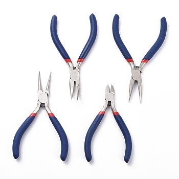 Ferronickel Jewelry Plier Sets Includes #50 Steel(High Carbon Steel), Side Cutting, with Random Pattern, Round Nose, Bent Nose and Long Chain Nose Pliers(At Least 3 Types In One Batch) for Jewelry Making Supplies, Midnight Blue, 125x70~80x10mm