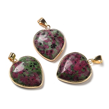 Natural Ruby in Zoisite Pendants, Heart Charms, with Golden Tone Iron and Brass Findings, 29x24~24.5x6~6.5mm, Hole: 7~7.3x3.8~4.3mm