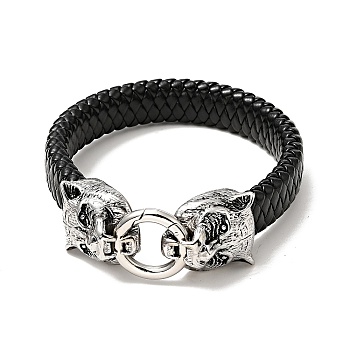 PU Imitation Leather Braided Cord Bracelet, 304 Stainless Steel Tiger Clasp Gothic Bracelet for Men Women, Antique Silver, 8-3/4 inch(22.1cm)