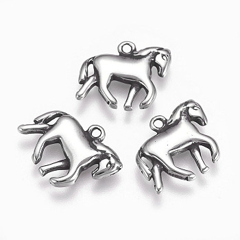 304 Stainless Steel Pendants, Horse, Antique Silver, 13x16x2mm, Hole: 1mm