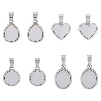 8Pcs 4 Styles Natural Freshwater Shell Charms, with Brass Findings, Flat Round & Teardrop & Heart & Oval, Platinum, 12~14.5x9.5~11.5x3mm, Hole: 4.5~5x2~3mm, 2pcs/style