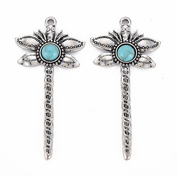 Tibetan Style Alloy Big Pendants, with Synthetic Turquoise, Cadmium Free & Lead Free, Autumn Pendants, Dragonfly, Antique Silver, 66.8x32x6mm, Hole: 2.5mm