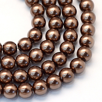 Baking Painted Pearlized Glass Pearl Round Bead Strands, Saddle Brown, 8~9mm, Hole: 1mm, about 100~105pcs/strand, 31.4 inch