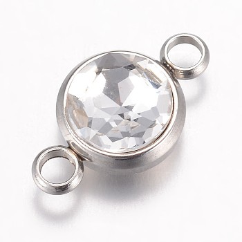 K9 Glass Links connectors, Faceted, with 304 Stainless Steel Findings, Flat Round, Stainless Steel Color, Crystal, 17.5x10x6.5mm, Hole: 2.5mm