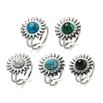 Sun 304 Stainless Steel Open Cuff Rings, Synthetic Malachite & Turquoise Finger Rings for Women Men, Stainless Steel Color, Adjustable