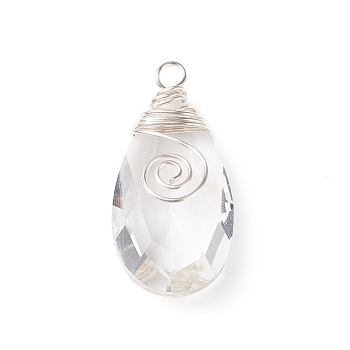 Wire Wrapped Transparent Glass Pendants, Faceted, Teardrop, Silver, Clear, 45x22x12.5mm, Hole: 4mm