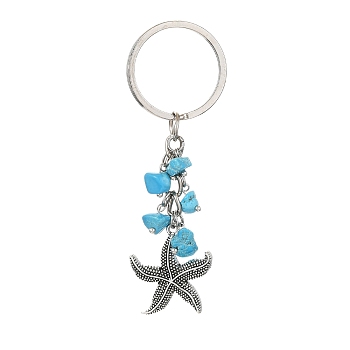 Alloy Pendant Keychains, with Iron Keychain Ring and Synthetic Turquoise Chip, Starfish, 8.2cm