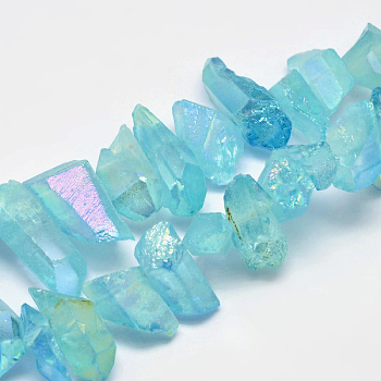 Electroplated Natural Quartz Crystal Beads Strands, Nuggets, Tusk Shape, AB Color, Dyed, Pale Turquoise, 7~15x18~60mm, Hole: 1mm, about 46pcs/strand, 16 inch