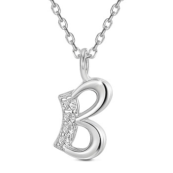 SHEGRACE Rhodium Plated 925 Sterling Silver Initial Pendant Necklaces, with Grade AAA Cubic Zirconia and Cable Chains, Platinum, Letter.B, 15.74 inch(40cm)