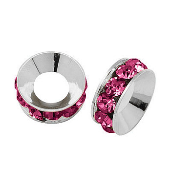 Brass Rhinestone Spacer Beads, Grade A, Rondelle, Silver Color Plated, Fuchsia, 9x4mm