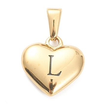 304 Stainless Steel Pendants, Heart with Black Letter, Golden, Letter.L, 16x16x4.5mm, Hole: 7x3mm