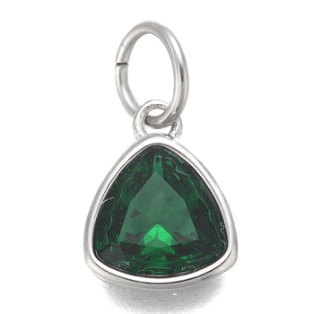 304 Stainless Steel Cubic Zirconia Pendant, Triangle, Stainless Steel Color, Teal, 12.5x9.5x5mm, Hole: 5mm