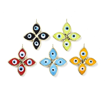 Handmade Lampwork Big Pendants, with Eco-friendly Ligh Gold Brass Findings, Long-Lasting Plated, Cadmium Free & Lead Free, 4-Petal Flower with Evil Eye Charm, Mixed Color, 53x46x4mm, Hole: 4.5mm