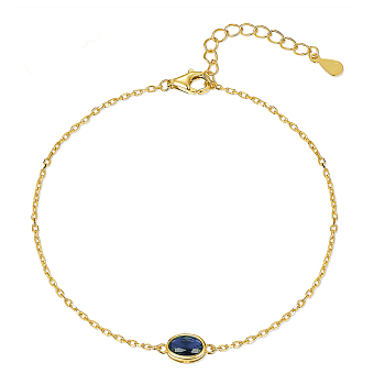 925 Sterling Silver Pave Blue Cubic Zirconia Cable Chain Bracelets, Oval Link Bracelets for Women, Golden