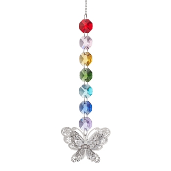 Glass Octagon Beaded Hanging Ornaments, Brass Charm for Home Outdoor Decoration, Butterfly, 265mm