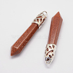 Synthetic Goldstone Big Pointed Pendants, with Alloy Findings, Bullet, Platinum, 57~63x13x10mm, Hole: 3x4mm(G-D860-C01-P)