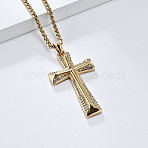 Cross Stainless Steel Crystal Rhinestone Pendant Necklaces, Golden, 23.62 inch(60cm)(FS-WG08269-02)