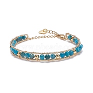 Round Natural Apatite Beaded Bracelet, Wire Wrap Stone Beads Power Bracelet with Safety Chain, Tiny Heart Charm Bracelet for Women, Golden, Inner Diameter: 2-1/4 inch(5.7cm)(BJEW-TA00038-05)