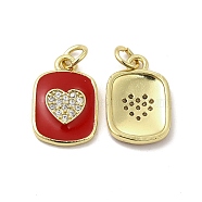Real 18K Gold Plated Brass Micro Pave Clear Cubic Zirconia Pendants, with Jump Ring & Enamel, Rectangle with Heart Charm, Red, 16x10.5x2mm, Hole: 3.5mm(KK-E068-VB446-2)