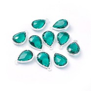 Glass Pendants, with Eco-Friendly Alloy Open Back Berzel Findings, Faceted, teardrop, Silver Color Plated, Teal, 18x12x5mm, Hole: 1.4mm(GLAA-A037-G-05S)