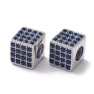 925 Sterling Silver Beads, with Cubic Zirconia, Real Platinum Plated, Cube, Marine Blue, 7x7.5x7.5mm, Hole: 3.8mm(STER-Z005-14A-05)