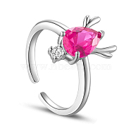 SHEGRACE Rhodium Plated 925 Sterling Silver Cuff Rings, Open Rings, Deer with AAA Cubic Zirconia, Hot Pink, 18mm(JR530C)