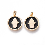 Brass Enamel Charms, Nickel Free, Flat Round with Hamsa Hand/Hand of Fatima/Hand of Miriam, for Religion, Real 18K Gold Plated, Black, 14.5x12.5x2mm, Hole: 3x2mm(KK-N232-200-NF)