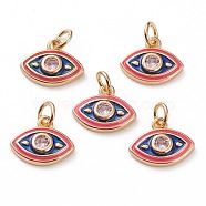 Brass Micro Pave Clear Cubic Zirconia Charms, with Enamel & Jump Rings, Eye, Real 18K Gold Plated, Light Coral, 10x12x3mm, Jump Ring: 5x1mm, 3mm Inner Diameter(KK-C100-15G-C04)