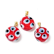 Handmade Evil Eye Lampwork Pendants, with Rack Plating Brass Findings, Long-Lasting Plated, Lead Free & Cadmium Free, Flat Round, Red, 19.5x16x6mm, Hole: 4.2x3.8mm(LAMP-F030-01G-06)