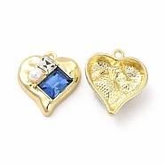 Rack Plating Alloy with Glass Heart with Rectangle Pendants, with ABS Plastic Imitation Pearl Beaded, Light Gold, Cadmium Free & Nickel Free & Lead Free, Royal Blue, 20x18.5x7mm, Hole: 1.6mm(FIND-G051-08LG-02)