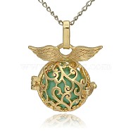 Golden Tone Brass Hollow Round Cage Pendants, with No Hole Spray Painted Brass Ball Beads, Medium Turquoise, 26x26x19mm, Hole: 3x8mm(KK-J230-02G)