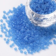 8/0 Glass Seed Beads, Frosted Colors, Round, Round Hole, Sky Blue, 8/0, 3mm, Hole: 1mm, about 1111pcs/50g, 50g/bag, 18bags/2pounds(SEED-US0003-3mm-M3)