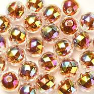 Two Tone UV Plating Rainbow Iridescent Acrylic Beads, Faceted, Round, Coffee, 15x15.5mm, Hole: 3.8mm(TACR-D010-06F)