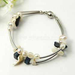 Fashion Shell Bracelets, Stainless Wire with Grade A Pearl Beads, Brass Tube Beads, Glass Seed Beads, Brass Magnetic Clasps and Iron Findings, Platinum, 200mm(BJEW-PJB152)