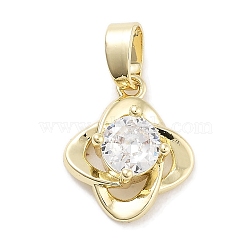 Brass Micro Pave Clear Cubic Zirconia Pendants, Flower Charms, Real 14K Gold Plated, 13.5x11x5.5mm, Hole: 5x2.5mm(ZIRC-L104-006G)