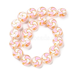 Glass Beads Strands, Hand Drawn Beads, with Enamel, Flat Round, Pink, 17x7mm, Hole: 1.5mm, about 19pcs/strand, 12.60 inch(32cm)(GLAA-L047-03F)