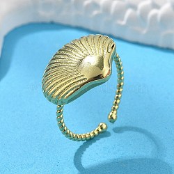 Brass Cuff Rings for Women, Rack Plating, Long-Lasting Plated, Cadmium Free & Lead Free, Real 18K Gold Plated, Shell Shape, Inner Diameter: Adjustable, Shell: 19.5x15.5mm(RJEW-C123-08D-G)