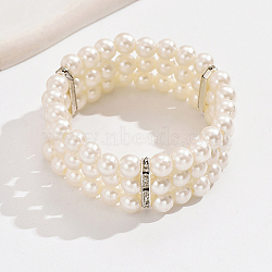 Elegant Three-Layer Plastic Imitation Pearl Bracelets, with Alloy Rhinestone Multi-strand Links, Seashell Color, Inner Diameter: 2-1/2 inch(6.5cm)(JS4552)