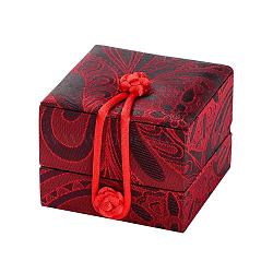 Chinoiserie Embroidered Silk Ring Boxes, with Velvet and Sponge, Square, Indian Red, 70x70x55mm(OBOX-P001-01A)
