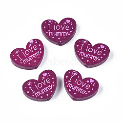 Natural Wood Beads, Dyed, Heart with Word I Love Mummy, For Mother's Day Jewelry Making, Purple, 23x29x7mm, Hole: 2.5mm(WOOD-T012-07G)