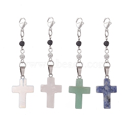 Cross Mixed Gemstone Pandant Decorations, with Polymer Clay Rhinestone Beads and 304 Stainless Steel Lobster Claw Clasps, 75mm(HJEW-JM01019)