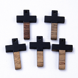 Resin & Walnut Wood Pendants, Cross, Black, 26x16x3mm, Hole: 1.8mm(RESI-N025-012A-B01)
